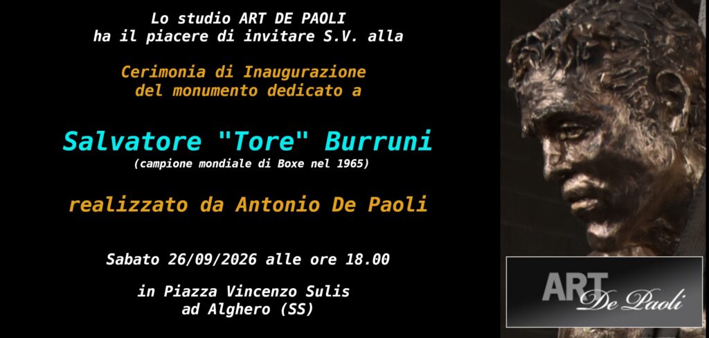 invito all'inaugurazione della statua realizzata da Antonio De Paoli per APS Tore Burruni