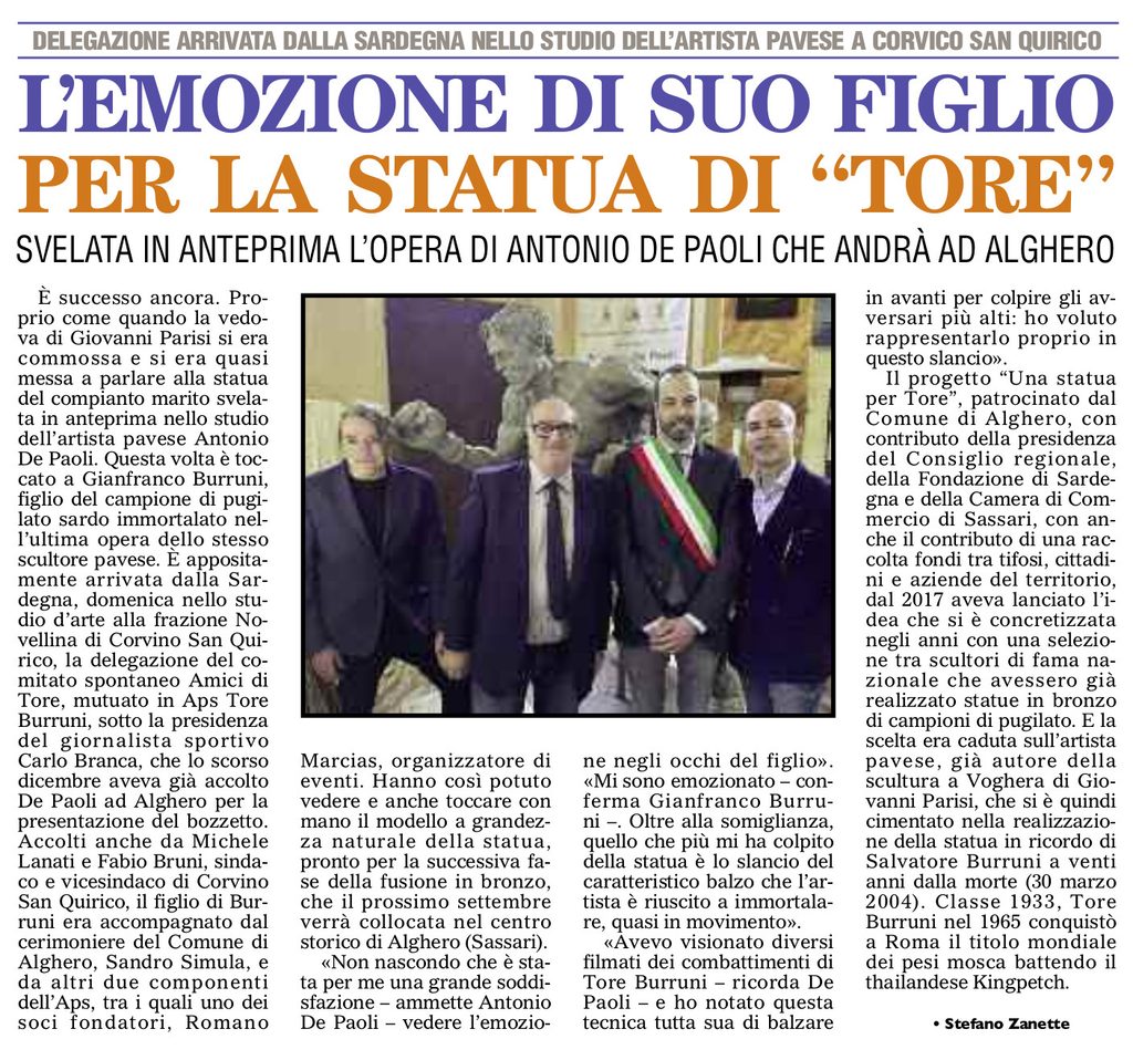 svelata in anteprima la statua di tore burruni presso lo studio di Antonio De Paoli